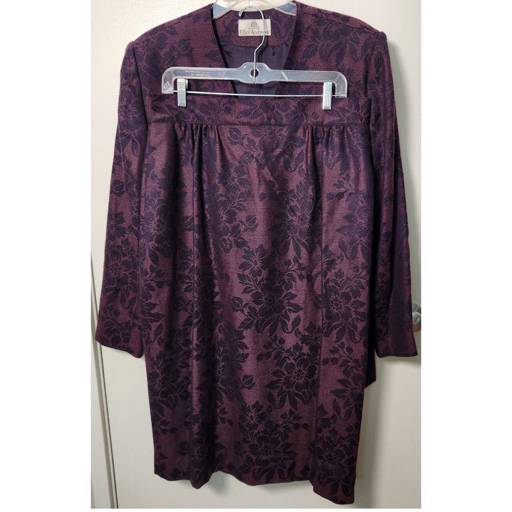 Vtg 2 Piece Elliot Andrews Purple Wool Jacquard Double Breasted Skirt Suit 14 16